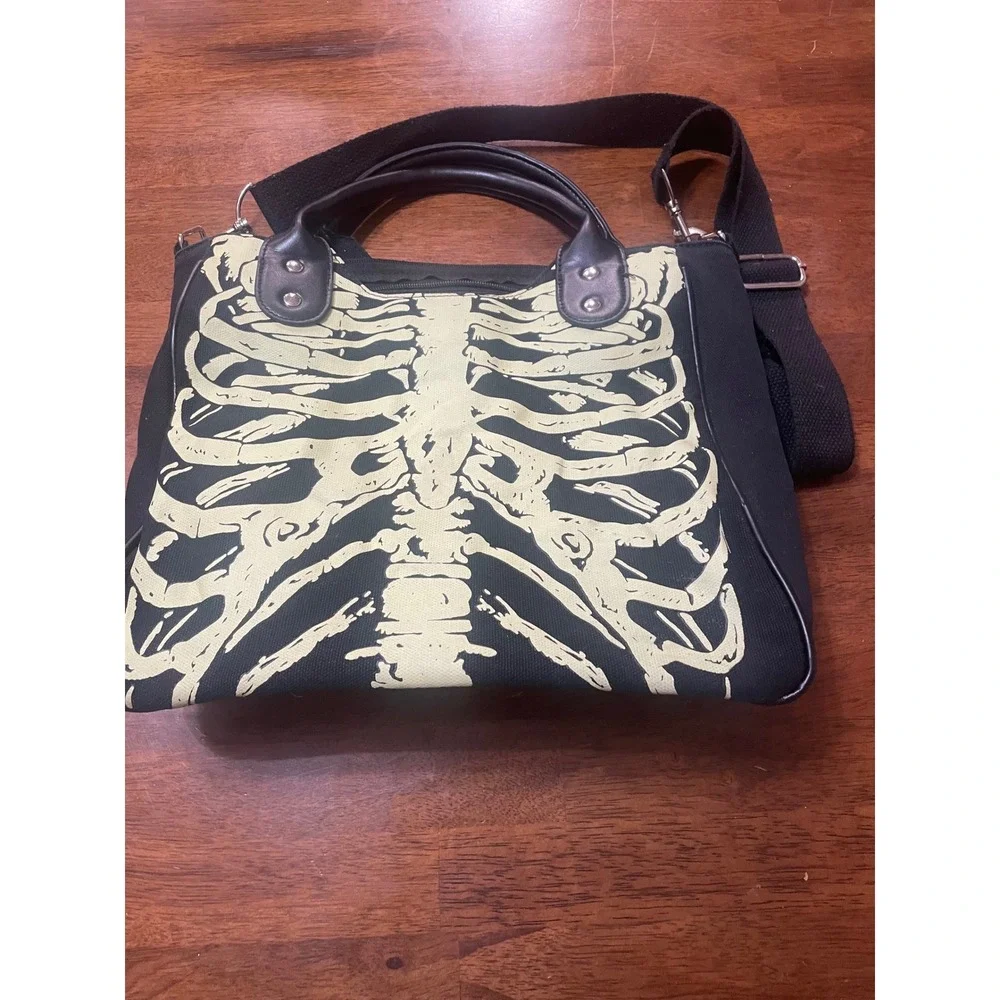 Skeleton Rib Cage Canvas Crossbody Bag Black Gothic Bone Print Tote Handbag